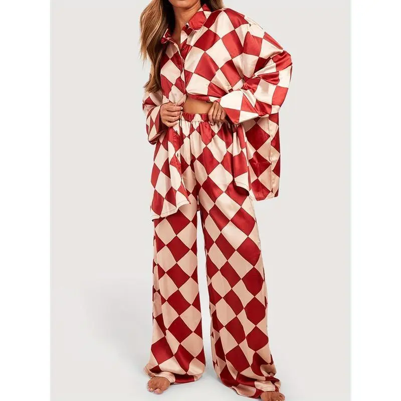 Women's 2-Piece Checkerboard Print Casual Pajama Set - Long-Sleeve Lapel Button Top, Oversized Long Pants, Pyjamas Loungewear for Sports & Outdoor Relaxation, Oversized Pants, Printed Checkers, Long Sleeves