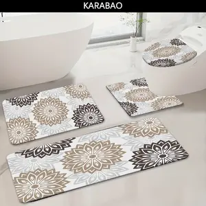 3/4pcs Minimalist Geometric Pattern Bathroom Anti-Slip Mat Set, Flannel Material, 0.47inch Thickened Sponge, Non-Slip, Bathroom Carpet, Includes Bath Mat, Contour Mat, Ideal for Home Use, Enhances Bathroom Experience, Soft Shower Mat, Toilet U-Shaped