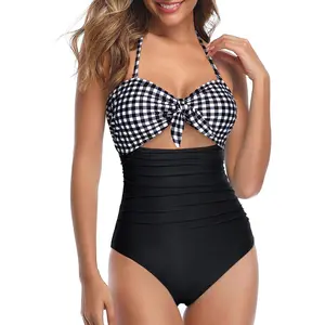 Tempt Me Women Sexy Cutout One Piece Swimsuits Tummy Control High Waisted Halter Front Tie Knot Bathing Suit Plus Size Full Coverage Swimsuit for Women