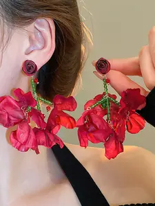 Silver Color Fabric Crystal Flower Dangle Earrings, Elegant Women's Jewelry, Fashionable Ear Accessories, Perfect Gift Idea