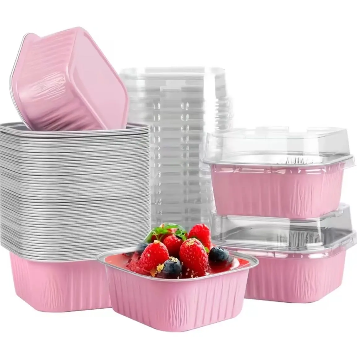 50 Disposable Square Aluminum Foil Baking Molds with Lids, 5 oz Cake and Cupcake Cups, Bakeware Baking Accessories for Weddings, Birthdays, and Party Baking (5 Colors Available)