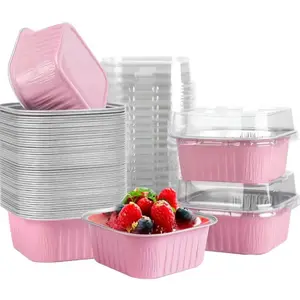 50 Disposable Square Aluminum Foil Baking Molds with Lid, 5oz Cake Cupcake Cups, Bakeware Baking Supplies Kit Wedding Birthday Party Essential (5 Colors Available)