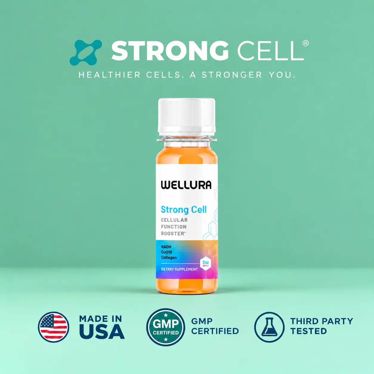 Strong Cell Liquid 30-Day Supply - NADH + CoQ10 Supplement, Marine Collagen, B Vitamins, Daily Energy & Focus Support, NAD, NAD+,