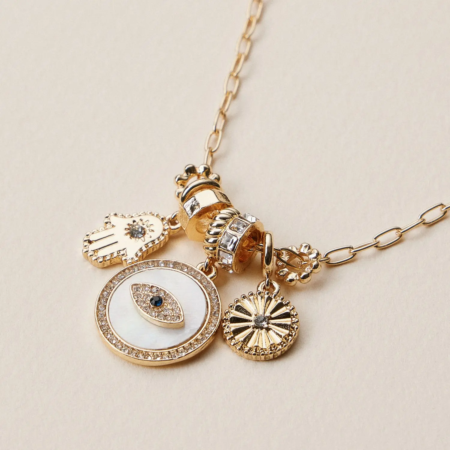 Gold Dipped Symbolic Multiple Charms Necklace Collection, Valentine's Day Costume Jewelry, Comfortable for Layering, Gem-Embellished Gold Charm Necklaces, Multiple Charms Necklaces