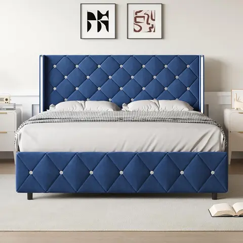 HOMBCK Queen Size Contemporary Upholstered Wood Bed Frame - Diamond Tufted Silverside Winged Back Headboard, 12 Solid Wood Slats, No Box Spring Needed, Assembly Required, Elegant Bed Frame for Home Decor
