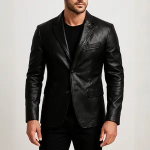Men’s leather suit jacket, double-button business casual blazer, notch lapel lightweight multi-pocket outerwear, classic formal yet versatile men’s jacket suitable for everyday commuting, office wear, parties, weddings, and evening outings.