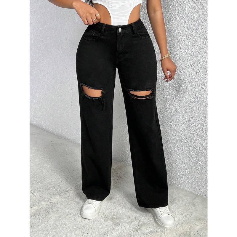 SHEIN SXY Single Button Cut Out Ripped Frayed Wide Leg Jeans SHEIN