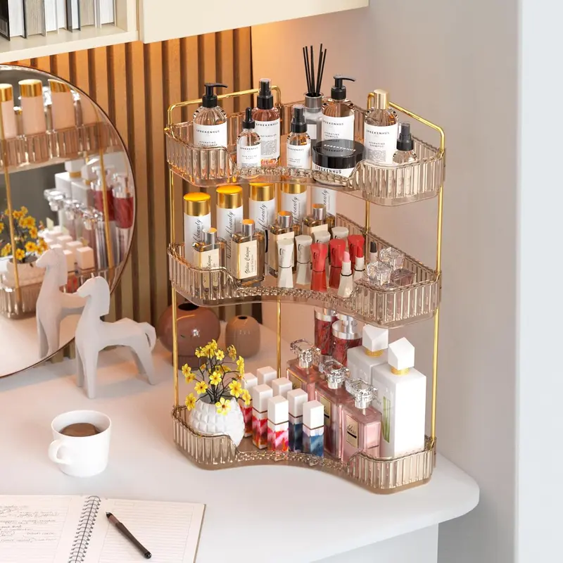 2/3-Tier Plastic Corner Box Organizer with Compartments - Cosmetics & Makeup Holder, Home Supplies for Bathroom Countertop Sink Vanity, Declutter Space & Easy to Find Items