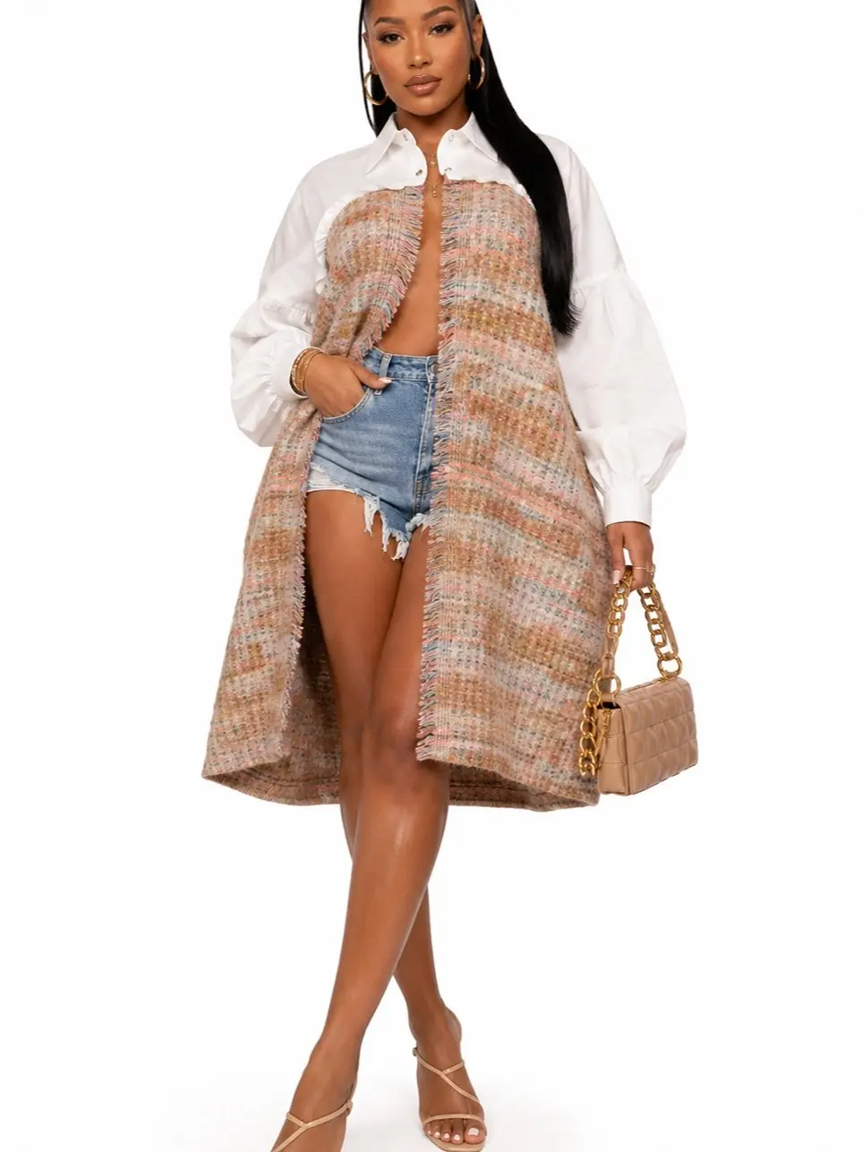 Two Button Open Front Overlay Oversize Tweed Shirt