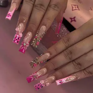 Handmade Pink Coquette Press On Nails | 3D Flowers, Gold Charms & Leopard Accents | Long Square Nails For Girly Glam Vibes