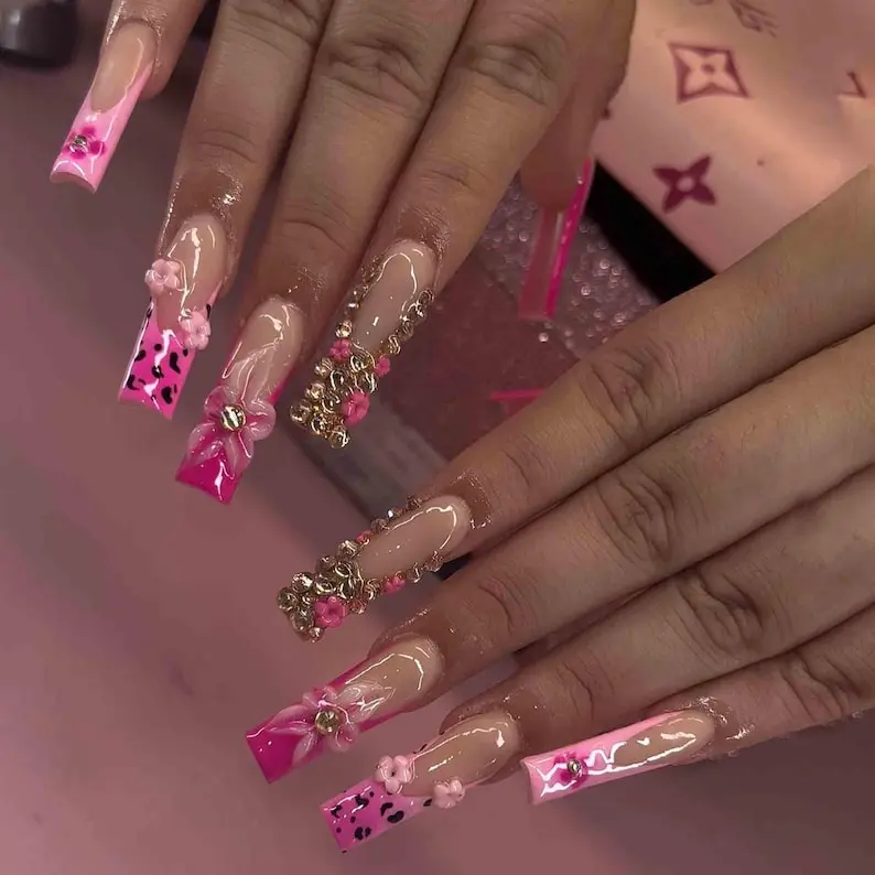 Handmade Pink Coquette Press On Nails | 3D Flowers, Gold Charms & Leopard Accents | Long Square Nails For Girly Glam Vibes