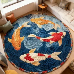 New Oriental Koi Fish Round Carpet, Koi Fish Design Rug, Artistic Home Decor Rug, Decorative Rug Mat, Multi-Size Floor Mat, Soft plush decorative rug, perfect for bedside mats, suitable for living room, bedroom, study