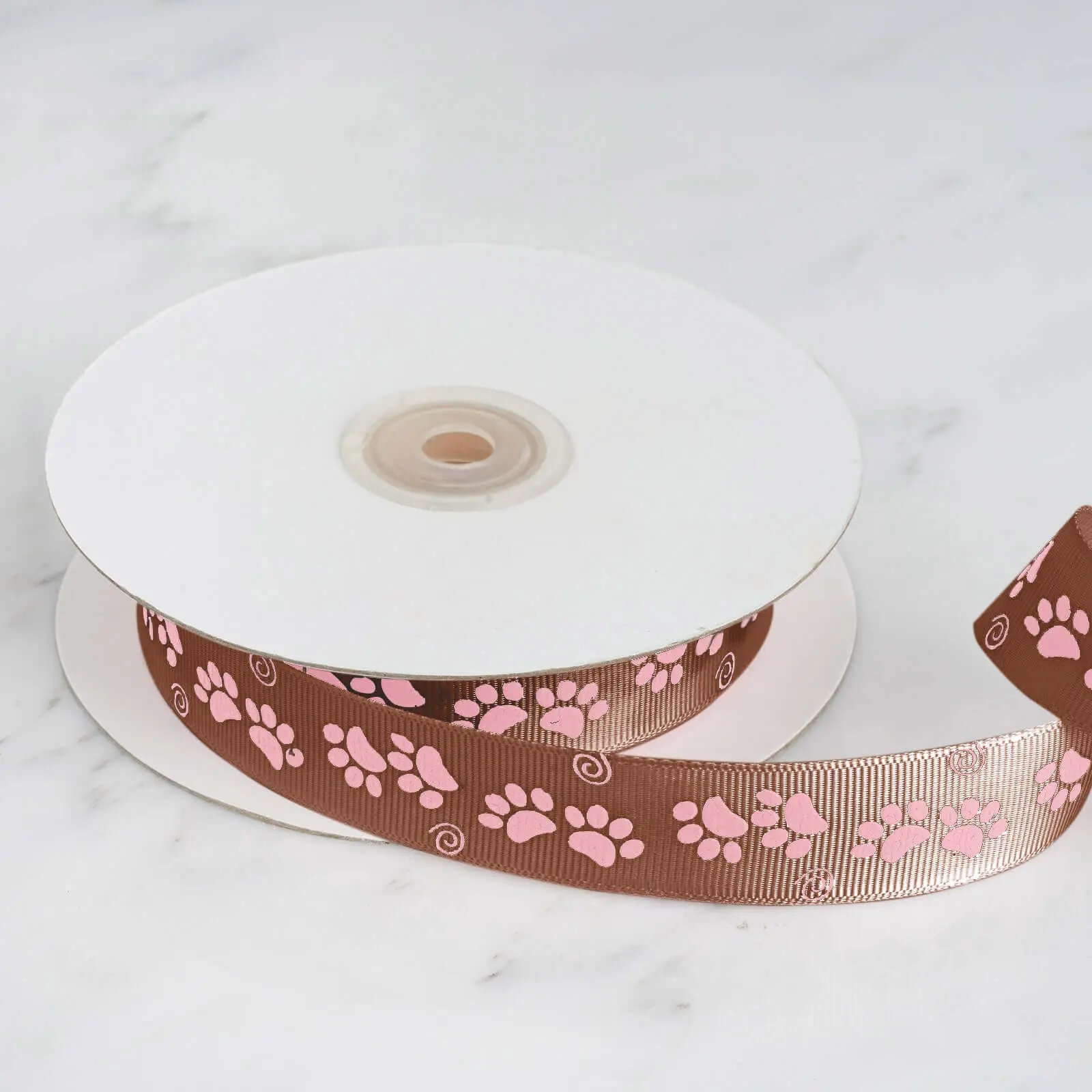 Chocolate Brown Pink Paw Print Satin Ribbon 25 Yards 7/8"