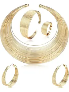 5PCS African National Statement Necklace Women Open Cuff Bracelet African Fashion Chunky Costume Jewelry Set Hoop Earrings Women Rings Gold Bib Choker Statement Necklaces Jewelry