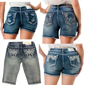 Bling Jean Shorts Embroidered Mid Waist Stretch Denim rhinestone vaquera cowgirl western Streetwear Rock plussize Womenswear Bottom retro Comfort Trouser Pants