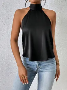 Women's Satin Halter Top Sleeveless Backless Bow Tie High Neck Summer Versatile Strapless Vest for Daily Wear