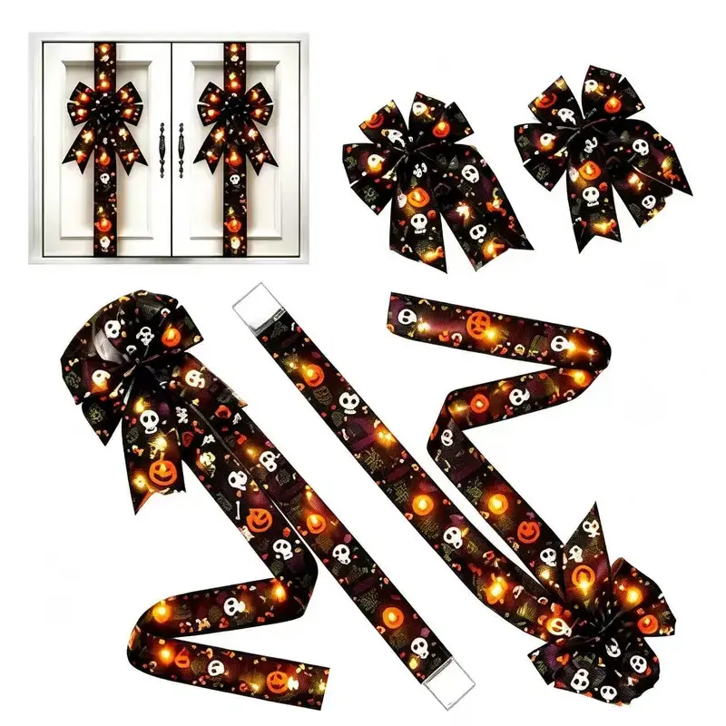 Spooky Halloween Fringe Wreath for Cabinet Door | Lime Red Large Bow No‑Battery Festive Home Door Decor Lightweight Polyester Halloween Party Decoration