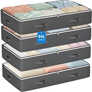 90L Under Bed Storage Containers, Closet Organizers and Storage Bins, Foldable Underbed Storage Bags for Linen Sheets, Blanket, Clothing, Comforter, Sweaters, Pillows, Wrapping Paper, Grey