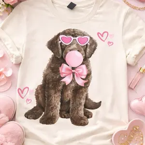Doodle T-Shirt with Adorable Puppy Design Wearing Pink Sunglasses and Bow Perfect for Casual Wear Tshirt Shortsleeve