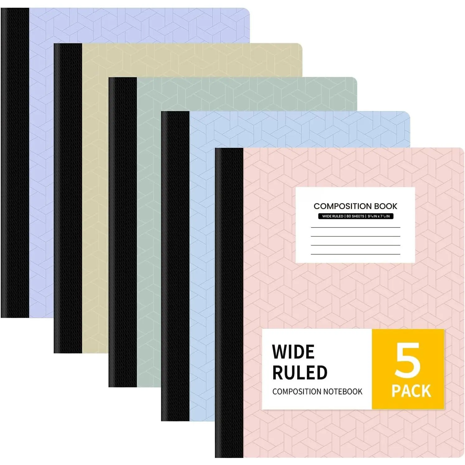 Composition Notebook, Wide Ruled Paper, 5 Pack, 9-3/4" x 7-1/2", 80 Sheets/160 Pages,  to School Supplies, Notebooks for School, Office Supplies (, Purple, Blue, Green, Yellow)