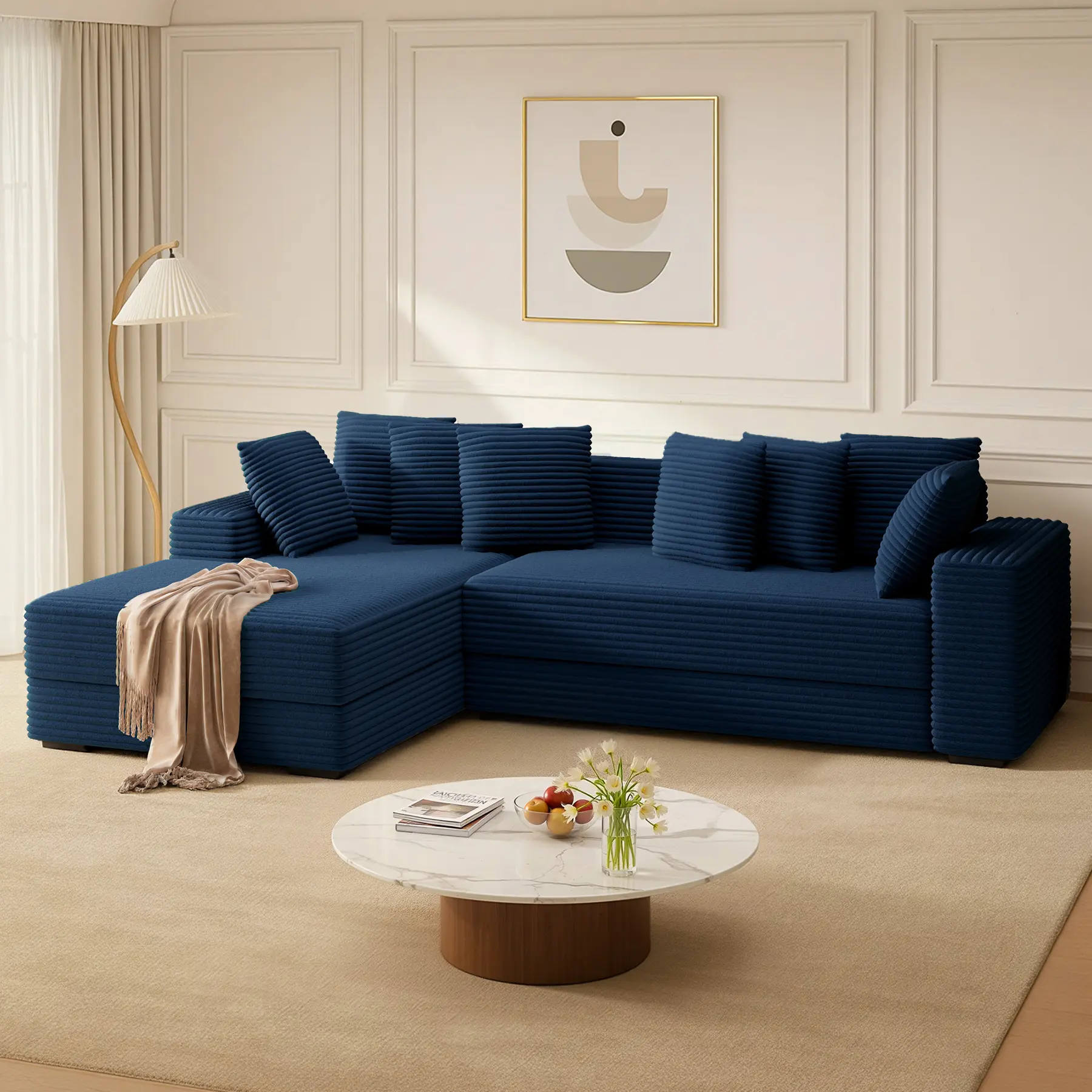 【3 Packages shipping】111‘’ Sectional Cloud Couches with L Shaped Chaise, Extra Large Sleeper Couch Reversible Corduroy with 8pcs Pillows for Living Room, Bedroom-Beige