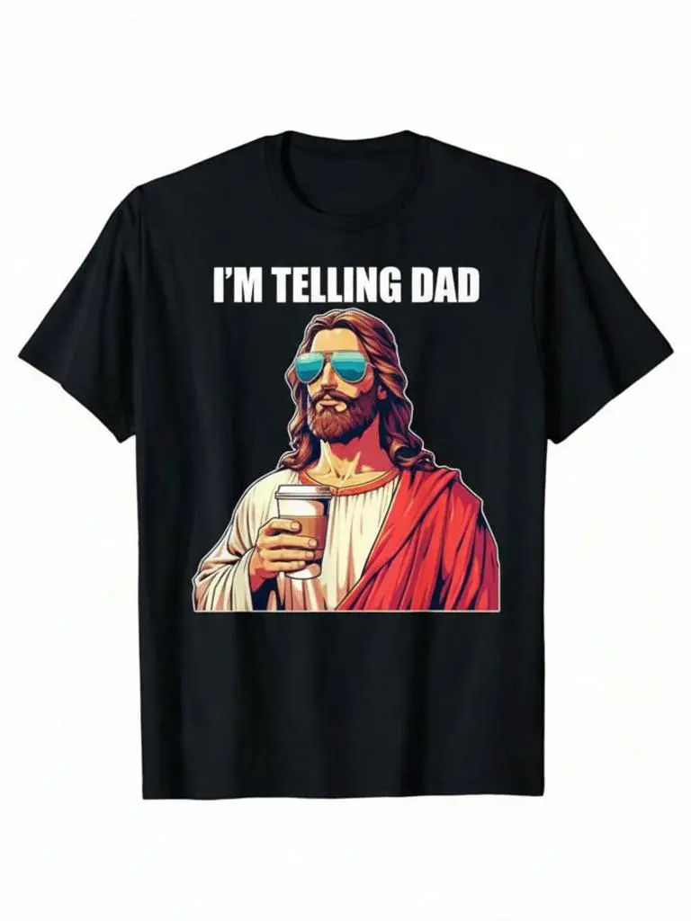 Women's Graphic T-Shirt - American Spirit, "I'm Telling Dad" Jesus Lovers Phrase, Football Fashion, Short Sleeve, Round Neck, Playful Tee for Boys Kids, Easter Fun, Vet Tech Gift, Clothes, Easter Humor Tee
