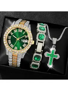 Men's Hip Hop Watch Jewelry 3-Piece Set, 18 Styles Iced Out Diamond Big Dial Quartz Watch, Square Sugar Bracelet Cross Necklace for Men Daily Party Gift