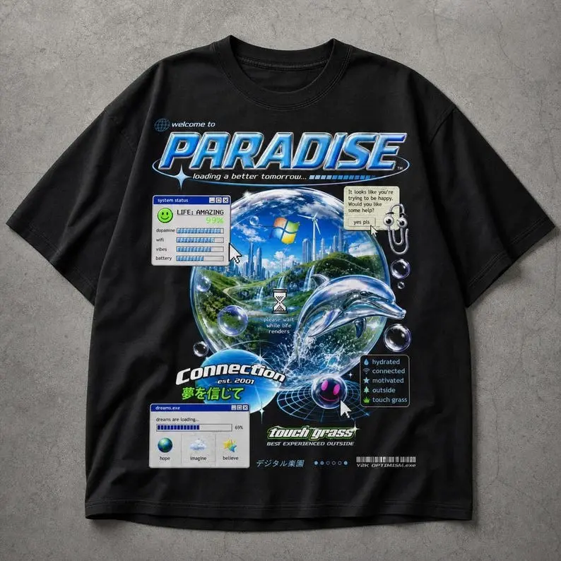 Y2K Frutiger Aero Shirt Oversized 2000s Webcore Cybergraphic Streetwear Graphic Tee, Premium Combed Cotton Relaxed Fit Retro Dreamcore Glitchcore Top Gift