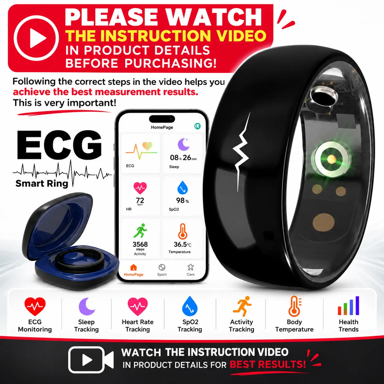 Myzo R1E ECG Smart Fitness Ring for Men & Women – ECG, Heart Rate, SpO2, Sleep & Activity Tracker, Multi-Sport Modes, 5ATM Waterproof, 5-7 Day Battery Life with Charging Case