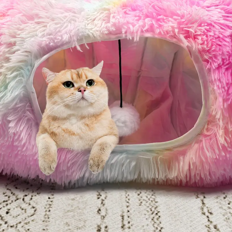 Winter Warm Pet Bed, 2 in 1 Foldable Cat Tunnel Cat Bed, Warm Plush Cat Bed with Hanging Ball & Tunnel Buckle, Pet Supplies for Indoor Outdoor Use 7