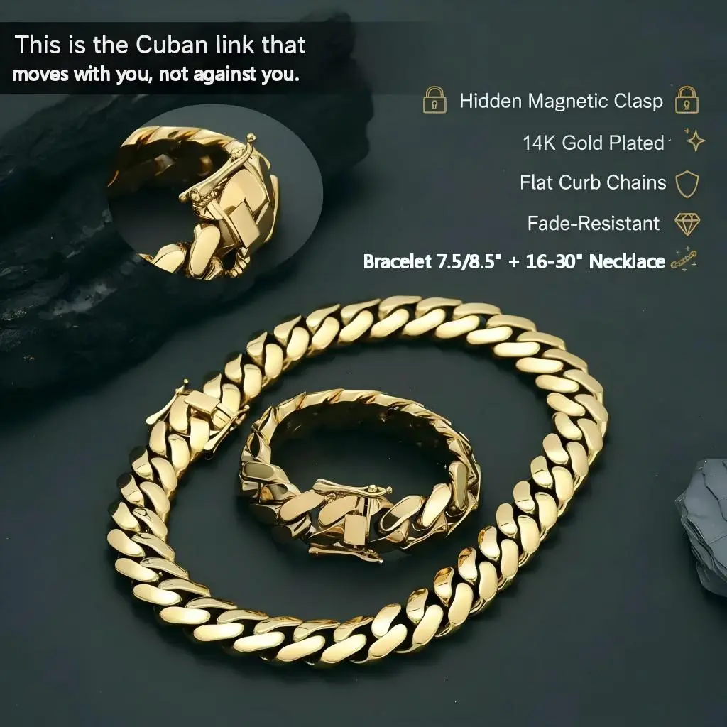14K Gold Cuban Link Chain Jewelry Set - Hidden Magnetic Clasp, Flat Curb Chains, Fade-Resistant, Metallic Shiny Sets (8/10/14mm Bracelet 7.5/8.5" + 16-30" Necklace)