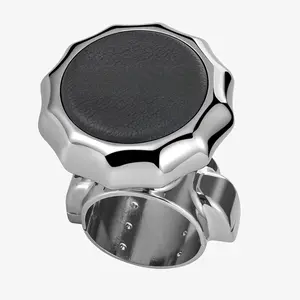 Steering Wheel Knob Spinner Metal Rotary Handle with Black Cowhide Leather for Lawn Mowers Forklifts &  High Mobility Bearing Comfortable Grip
