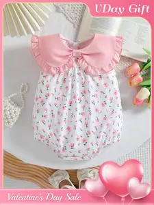 [Single Piece] Baby Girls' Floral Print Romper Dress, Baby Girl Clothes, Oversized Pink Ruffled Collar with Bow Decoration, Long-Sleeve & Skin-Friendly Design, Perfect as Birthday & Valentine's Day Gifts