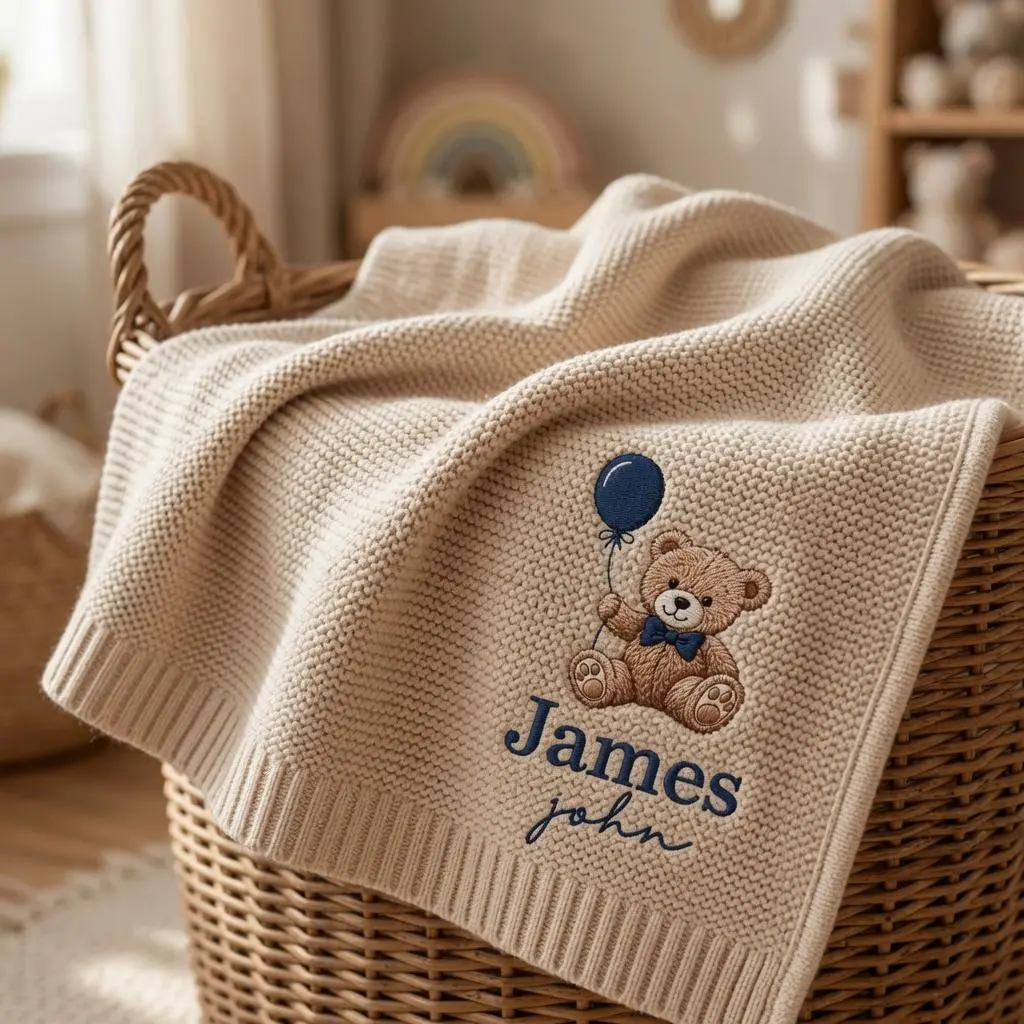 [Made-to-Order] Personalized Embroidered Teddy Bear Baby Blanket, Custom Knit Baby Blanket with Name, Bear Holding Balloon Nursery Gift, Newborn Keepsake Gift