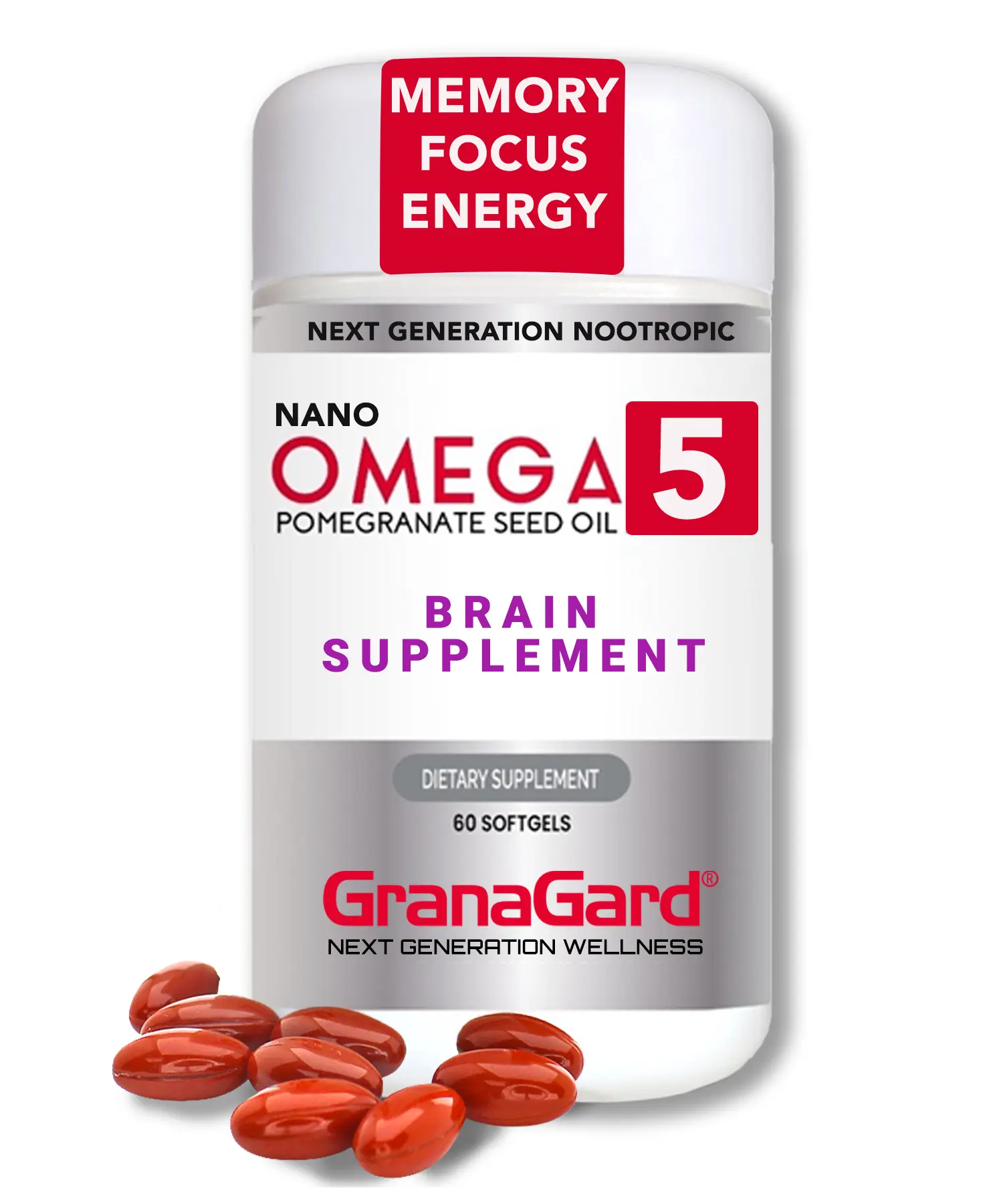 GranaGard Nano Pomegranate Supplement CLINICALLY Proven Brain Supplement with Anti Aging, Nanotech Delivers 100 Times The Power of Pomegranate Seed Oil in its Natural Form, 1 Bottle 60ct
