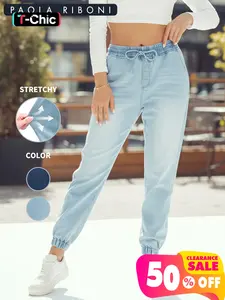 Women's Plain Adjustable Drawstring Waist Loose Jeans, Casual Elastic Waist Pocket Trousers for Fall & Winter, Women's Bottoms for Daily Wear