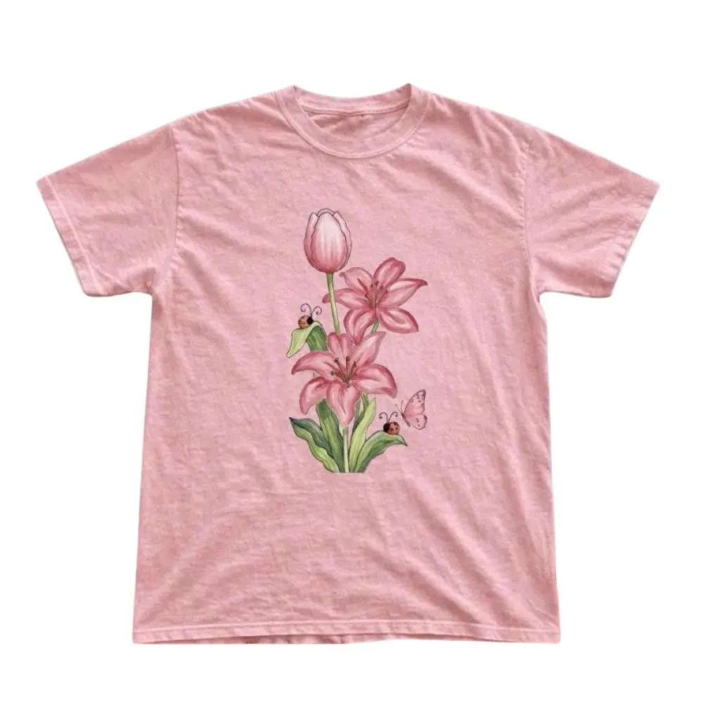 Pink Lily Tulip Butterfly Ladybug Graphic T-Shirt, Cottagecore Floral Botanical Tee, Spring Garden Nature Shirt, Gift for Women