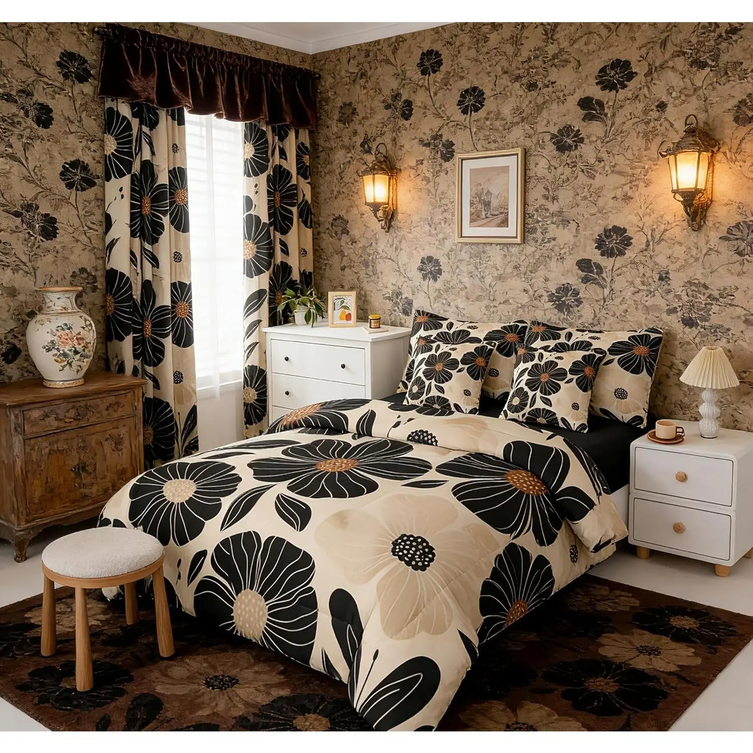 Boho Flower 7 Piece Bedding Set Black Flowers Comforter Set with Sheets Floral Botanical Bed in a Bag Vintage Retro Bed Set