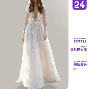 2025 Cross-border Foreign Trade Women's Wedding Dress Sexy Lace Long Sleeve Holiday Dress Evening Party Dress