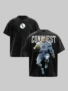Oversized T-Shirt, Invincible Conquest Anime Graphic Print, Vintage Washed Heavyweight Cotton Streetwear Top for Men & Women, Tshirt