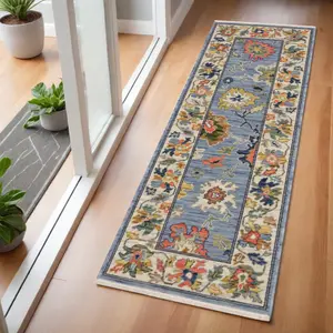 360 stand 6 ft. Oriental Runner Rug - Machine-Made Powerloomed with Fringe Detail, Oriental Motif, Blue Green & Ivory Colorful Hues, Ideal for Hallway Use