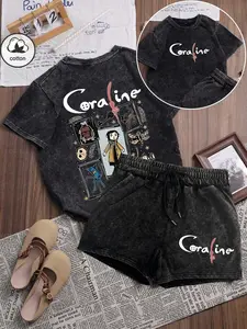 Washed cotton, two-piece women's "Coraline" "Coraline" dark element pattern letter print T-shirt and shorts, casual Fitted short-sleeved T-shirt and shorts, women's four-season two-piece suit, women's clothing, Outfit