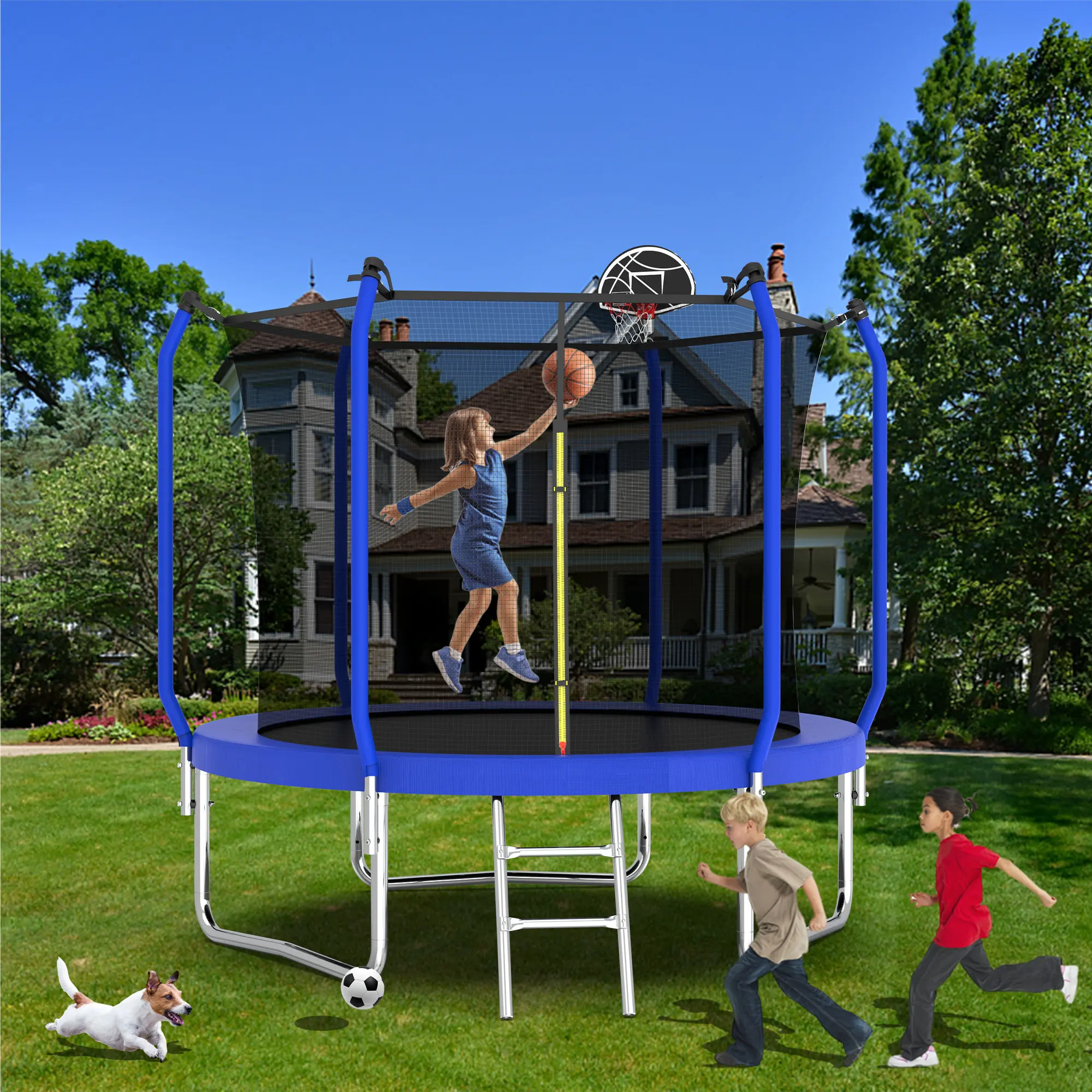 8FT Outdoor Trampoline with Basketball Hoop, ASTM-Approved Reinforced Trampoline with Enclosure Net (Outdoor Furniture Accessory)