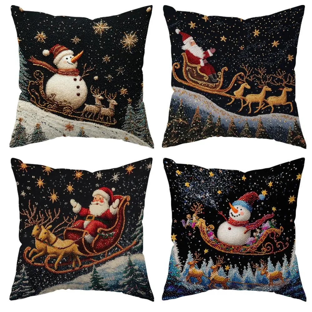 JIT Christmas Pillowcases Set of 4, Santa Claus Snowman Sled Pattern, Soft Comfortable Decorative Cushion Covers, 17.72x17.72 Inches, No Insert Needed