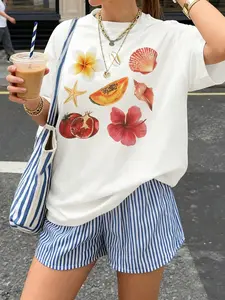 Women's Y2K Fashion Casual Loose Fit T-Shirt, Casual Summer Tee, Womenswear, Geometric Print, Short Sleeve, Medium Length, Summer Vacation Style, Comfortable Streetwear
