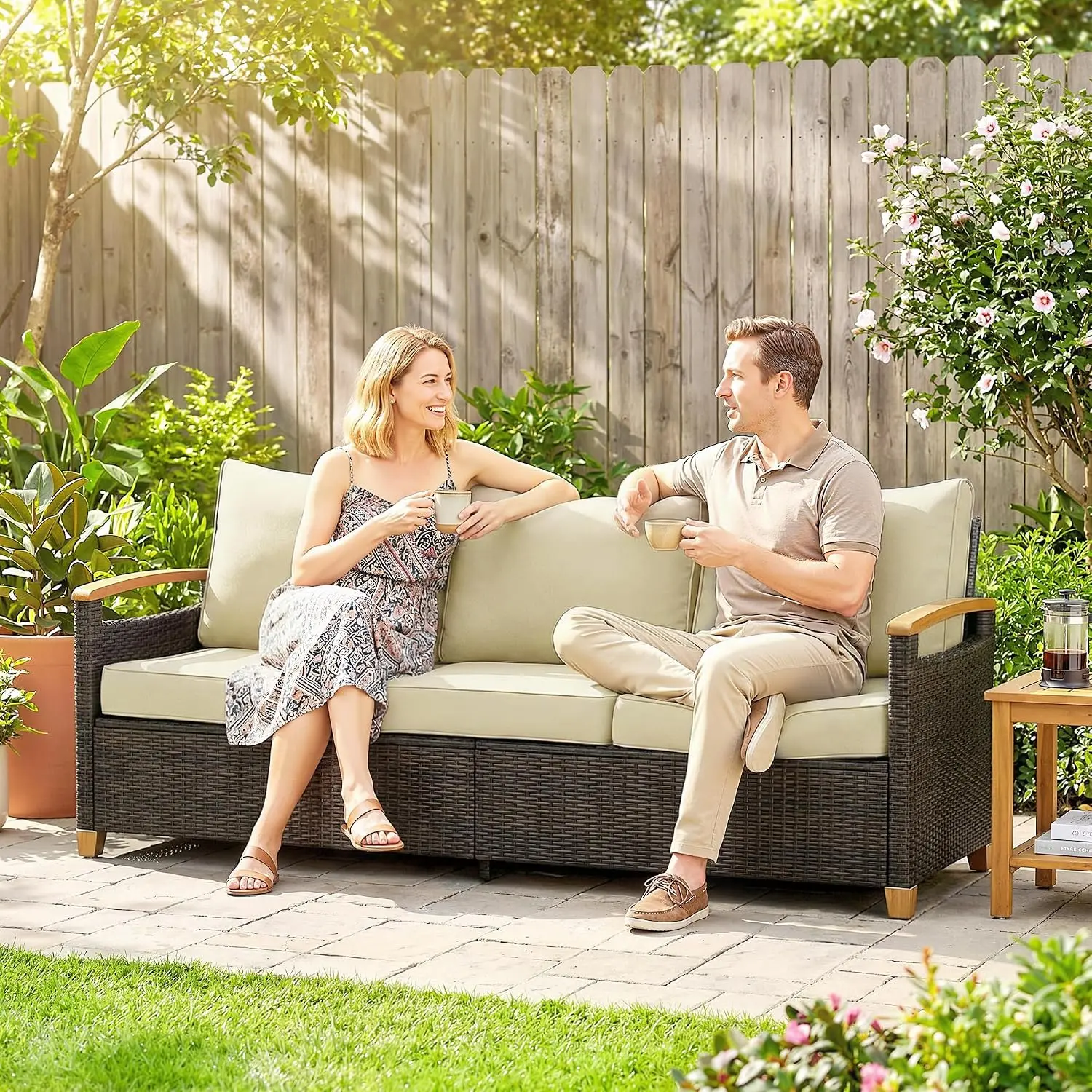 Crestholm 3-Seat Wicker Outdoor Sofa, 792 lb Capacity, 3.9" 30D Foam Seats + 7.1" Back Cushions, Washable Covers, Wood-Effect Curved Armrests & Legs – Garden, Porch, Beige