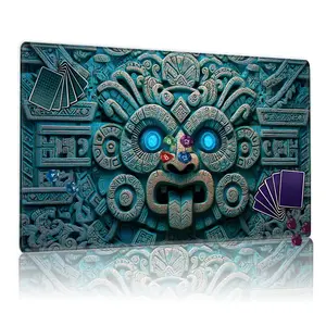 Ancient Mesoamerican Mayan Aztec Stone Carving Teal Gold Playmat - 12x24inch Non-Slip, Perfect for TCG MTG Card Games, Ideal for Party Family Use, Great Gift for Game Enthusiasts