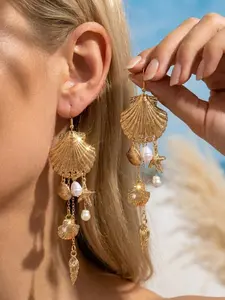 Boho Style Shell Starfish Conch Pearl Fringe Earrings, Plain Design, All Seasons Jewelry, No Choking Hazard, Not Plated with Precious Metal