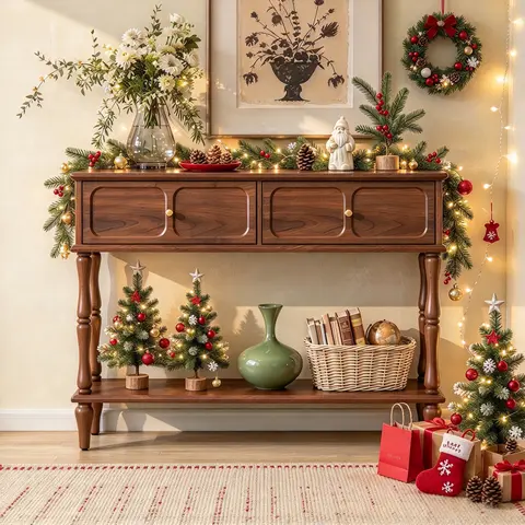 【Fall Deals】HLR 47" Mid-Century Retro Console Table - Narrow Indoor Furniture with 2 Drawers, Open Shelf, Sturdy Legs, Brown Room Decor for Hallway, Entryway, Assembly Required Apartment Furniture