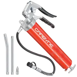 Carbyne Grease Gun - Pistol Grip, 7500 PSI, Heavy Duty Professional Quality, Steel Barrel. 18 inch HD Flex Hose w/Spring, 6 inch Straight & 6 inch Angled Tube, Coupler & Needle Nozzle, 3-Way Loading